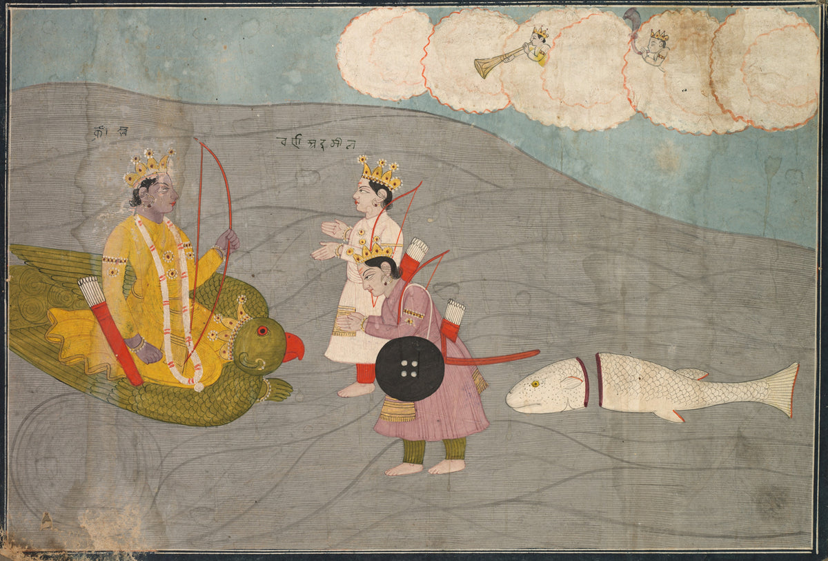 Vanasura's Sons Submit to Krishna by Garhwal school — A bowman on a green bird receives two crowned suppliants