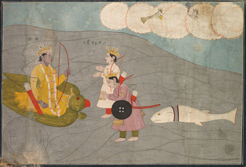 Vanasura's Sons Submit to Krishna by Garhwal school — A bowman on a green bird receives two crowned suppliants