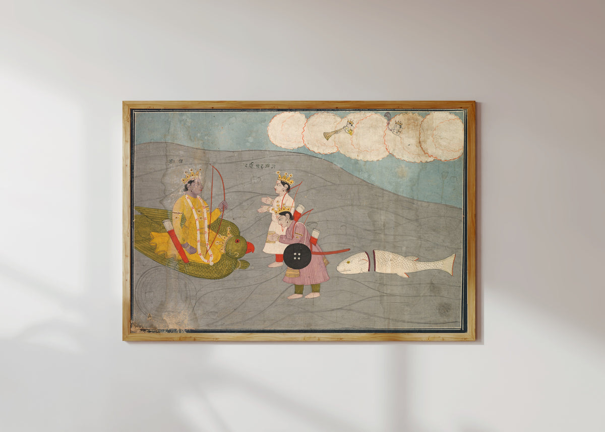 Framed art print of Vanasura's Sons Submit to Krishna by Garhwal school, in a light wood frame on a sunlit white wall