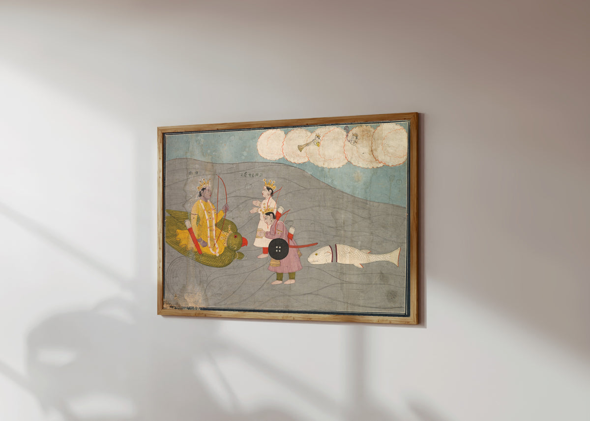 Framed art print of Vanasura's Sons Submit to Krishna by Garhwal school, in a light wood frame on a sunlit white wall, seen at a slight angle