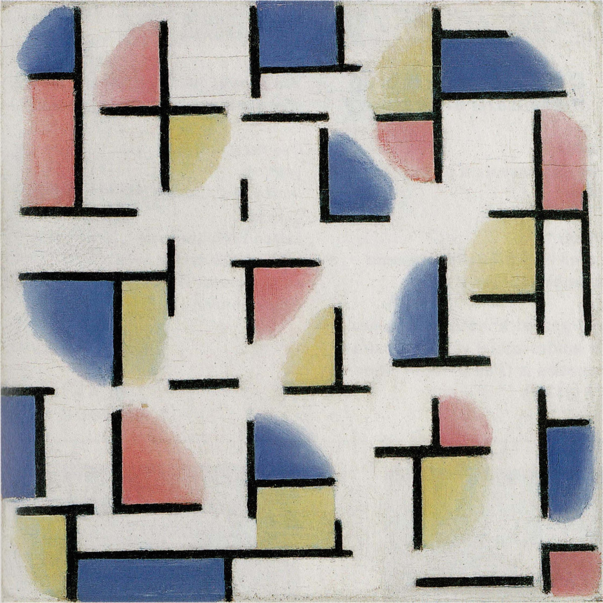 Variation on Composition XIII by Theo van Doesburg — Soft pink, yellow and blue quarter-circles among black bars