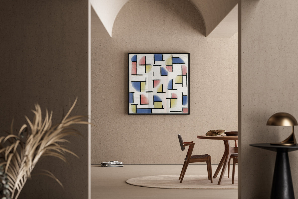 Framed art print of Variation on Composition XIII by Theo van Doesburg, in a sunlit dining corner
