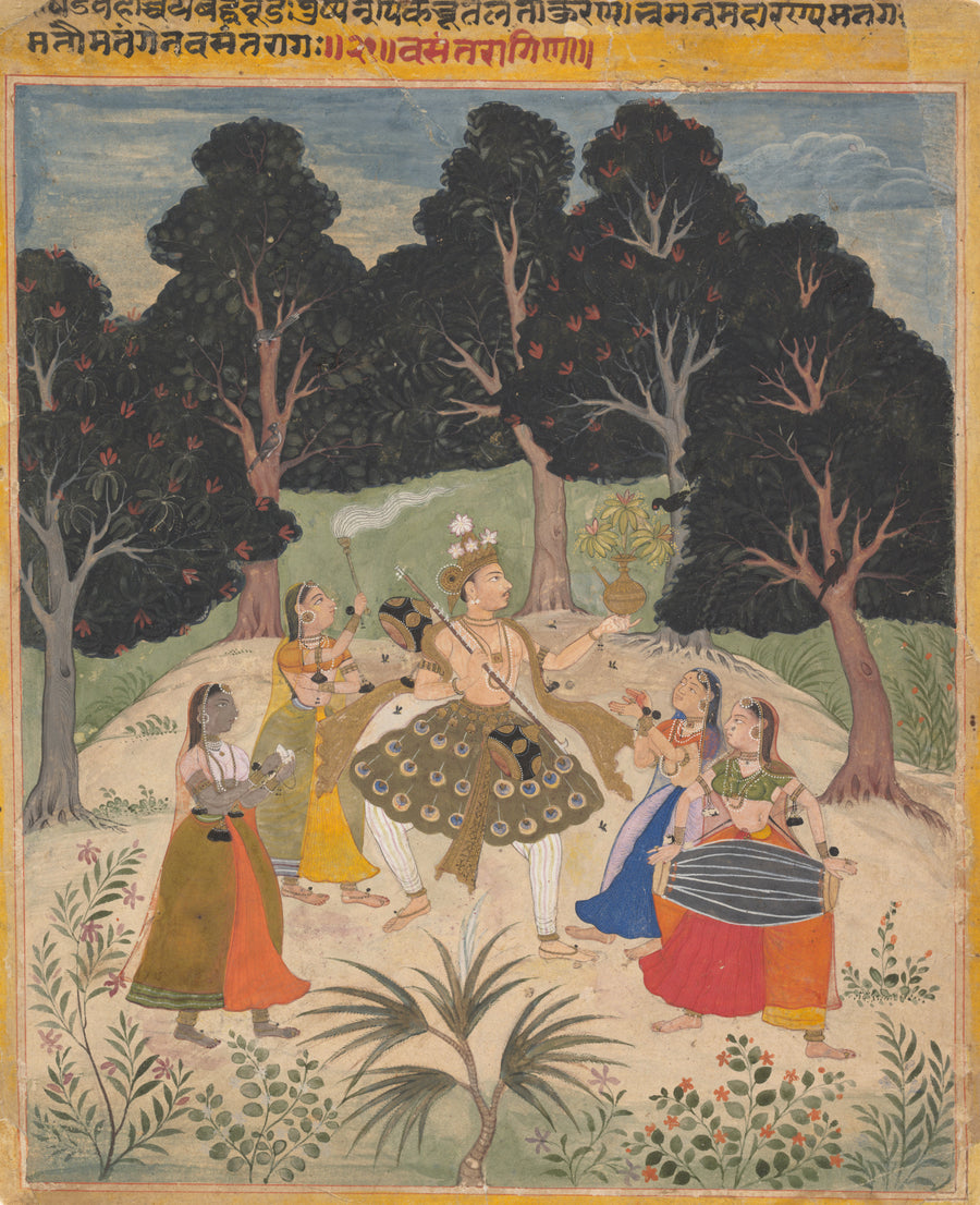 Amber school — Vasant Ragini, Page from a Ragamala Series (Garland of Musical Modes) | Indian Miniature Painting Print shown to scale on a wall above a sofa