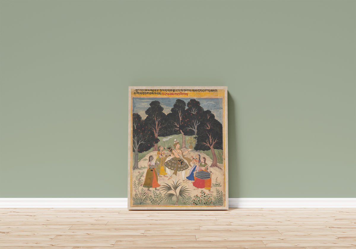 Framed art print of Vasant Ragini, Page from a Ragamala Series… by Amber school, in a light wood frame leaning on a sage green wall above a wooden floor