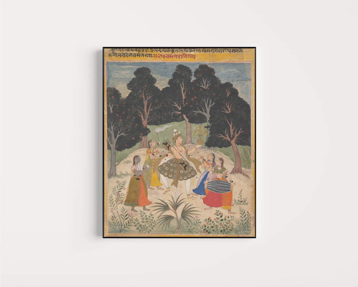 Framed art print of Vasant Ragini, Page from a Ragamala Series (Garland of Musical Modes) by Amber school, in a slim black frame on a plain white wall