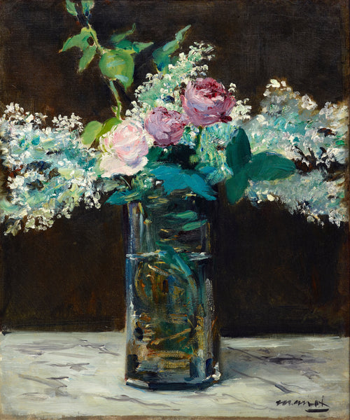 Vase of White Lilacs and Roses by Édouard Manet — White lilac and pink roses spill from a cut-glass vase on marble