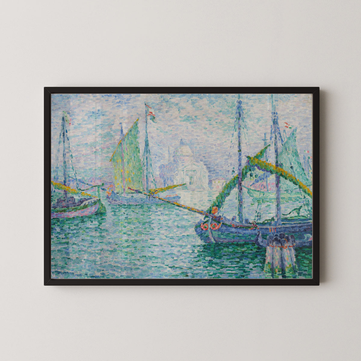 Framed art print of Venice, Il Redentore by Paul Signac, in a black frame on a pale wall