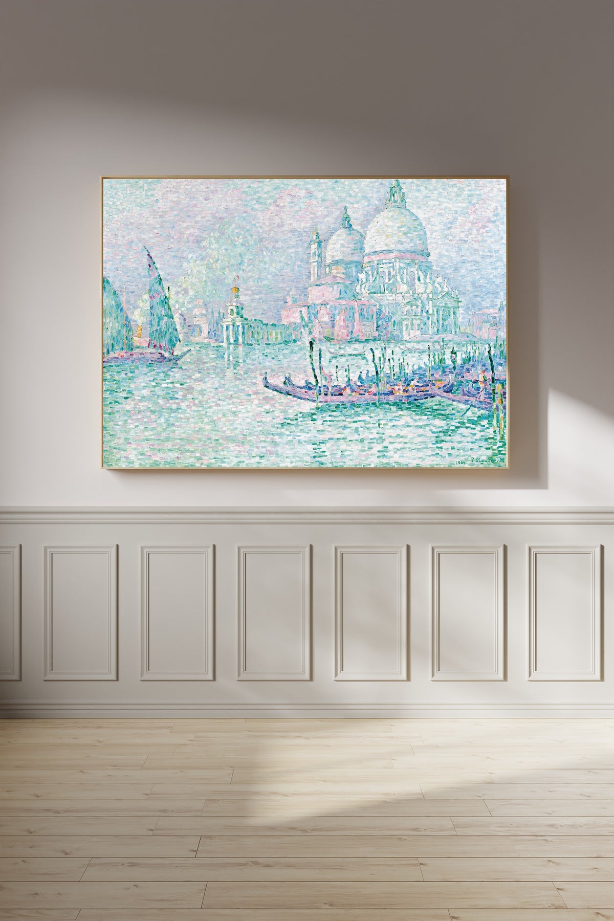 Framed art print of Venice, La Salute, Green by Paul Signac, on a panelled wall in afternoon light