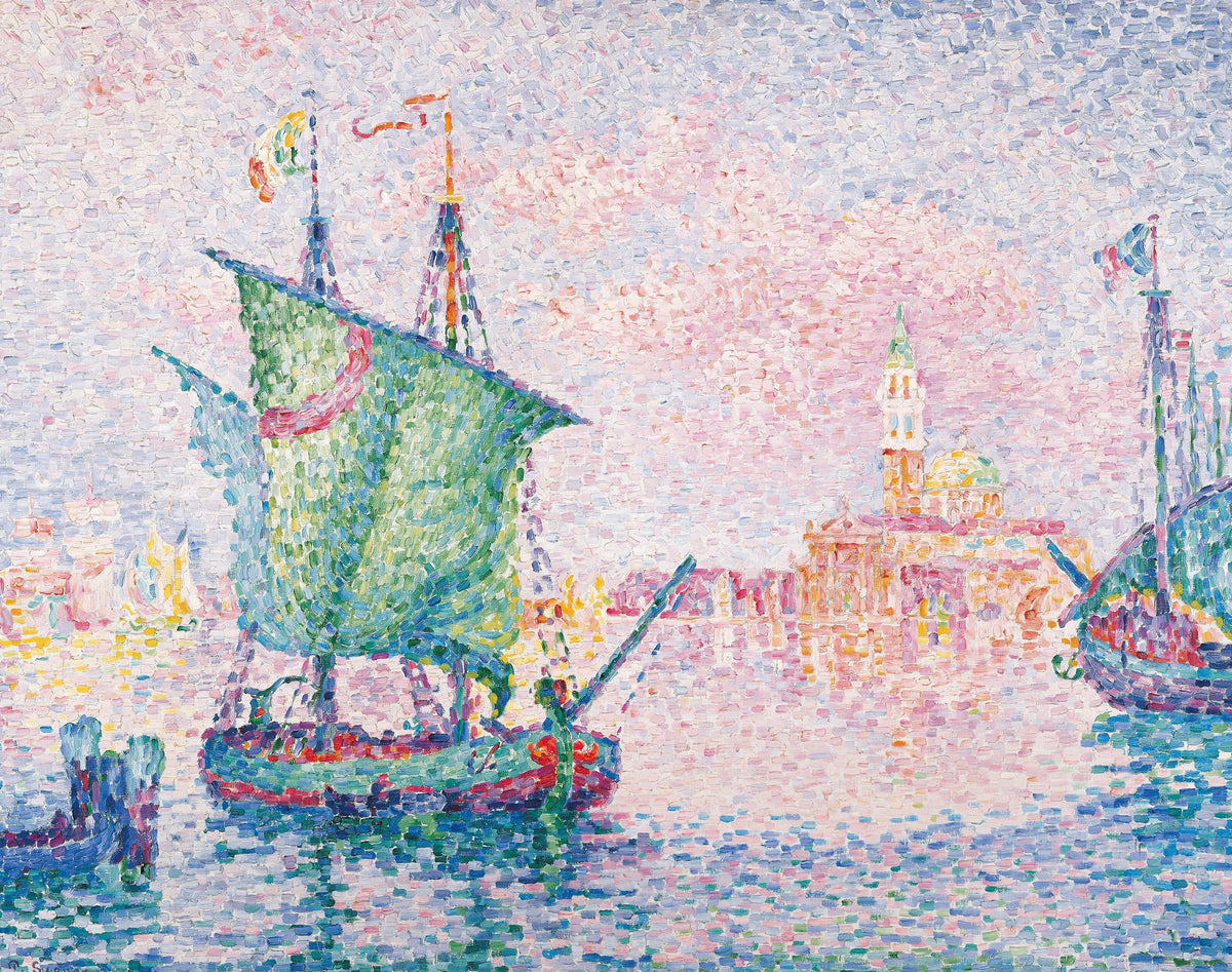 Venice, The Pink Cloud by Paul Signac — A green-sailed boat on a lagoon beneath a pink haze