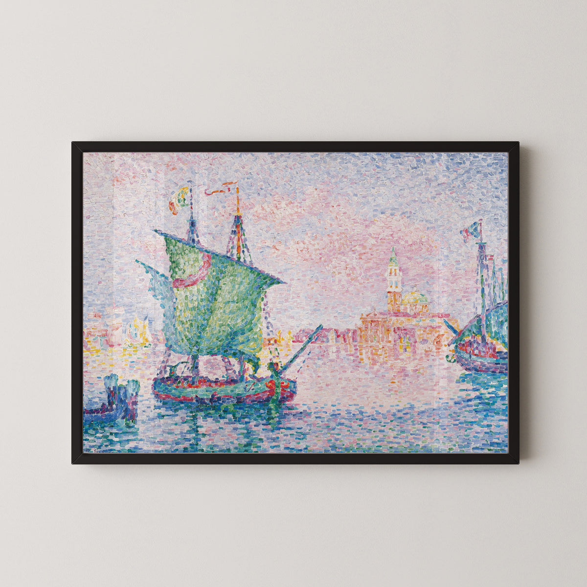 Framed art print of Venice, The Pink Cloud by Paul Signac, in a black frame on a pale wall