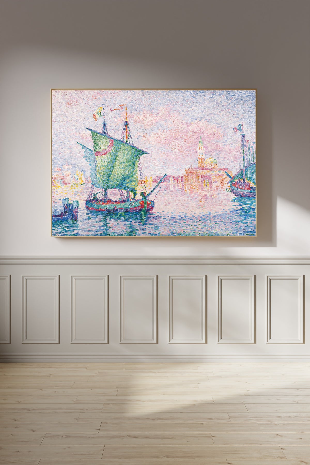 Framed art print of Venice, The Pink Cloud by Paul Signac, on a panelled wall in afternoon light