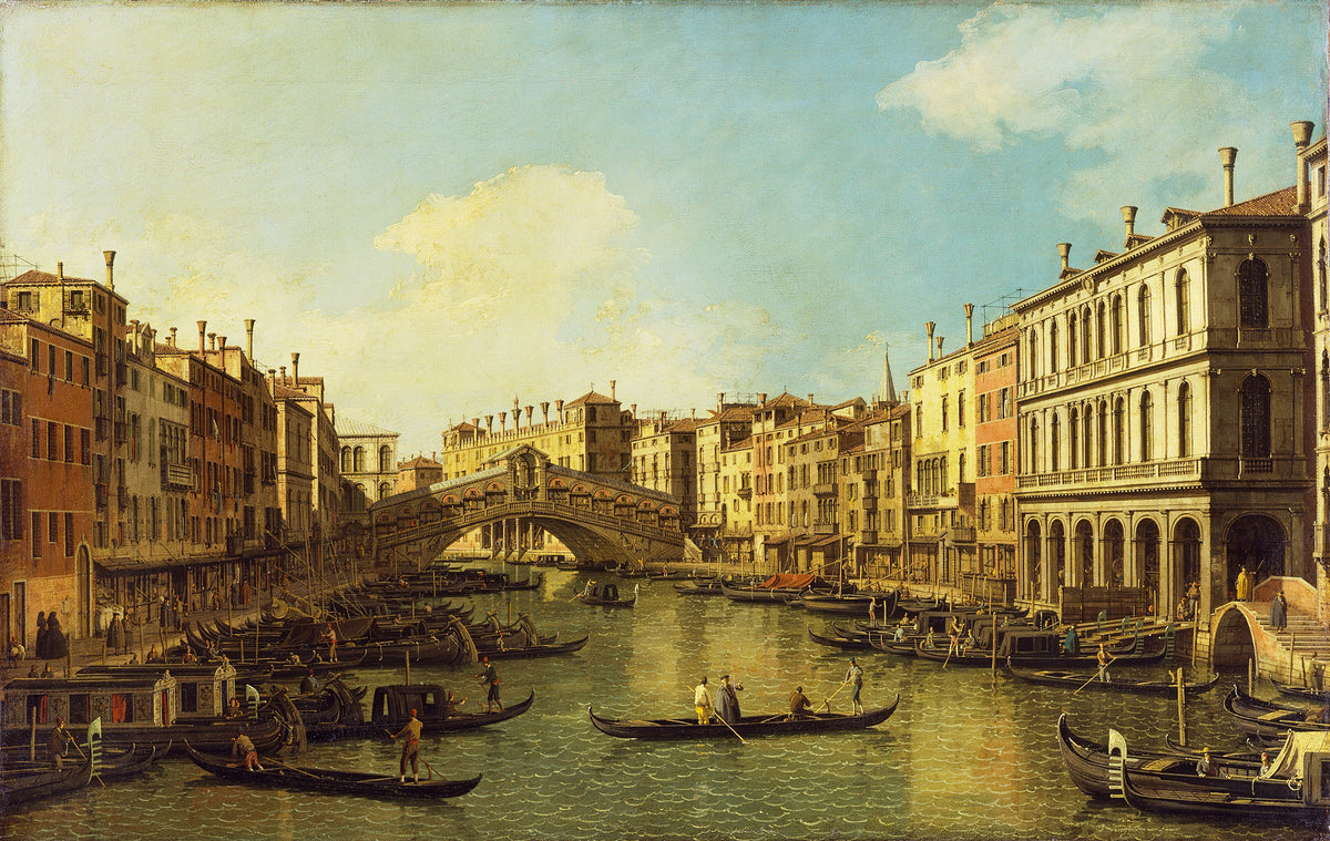 Venice, the Grand Canal from the Palazzo Dolfin-Manin to the Rialto Bridge by Canaletto — Gondolas crowd the canal below the single arch of the Rialto