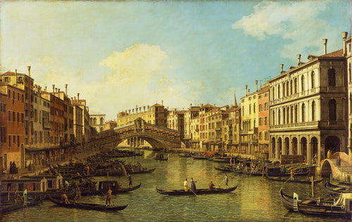 Venice, the Grand Canal from the Palazzo Dolfin-Manin to the Rialto Bridge by Canaletto — Gondolas crowd the canal below the single arch of the Rialto