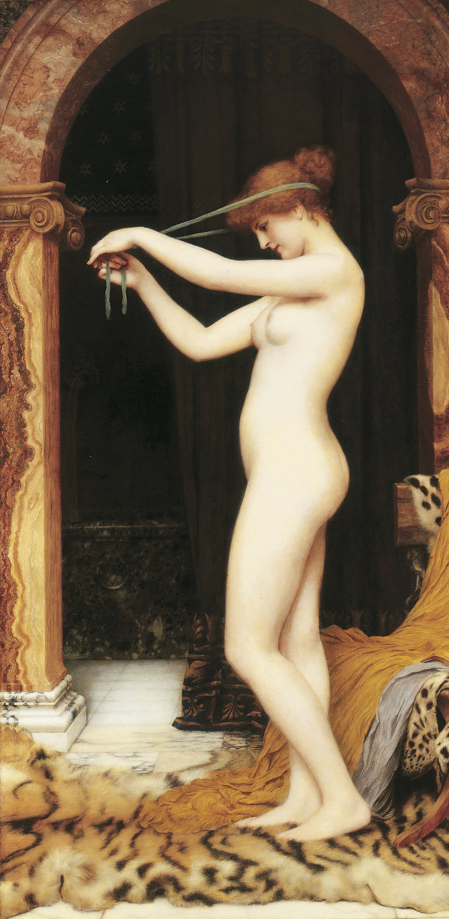 John William Godward — Venus Binding Her Hair | Art Print shown to scale on a wall above a sofa