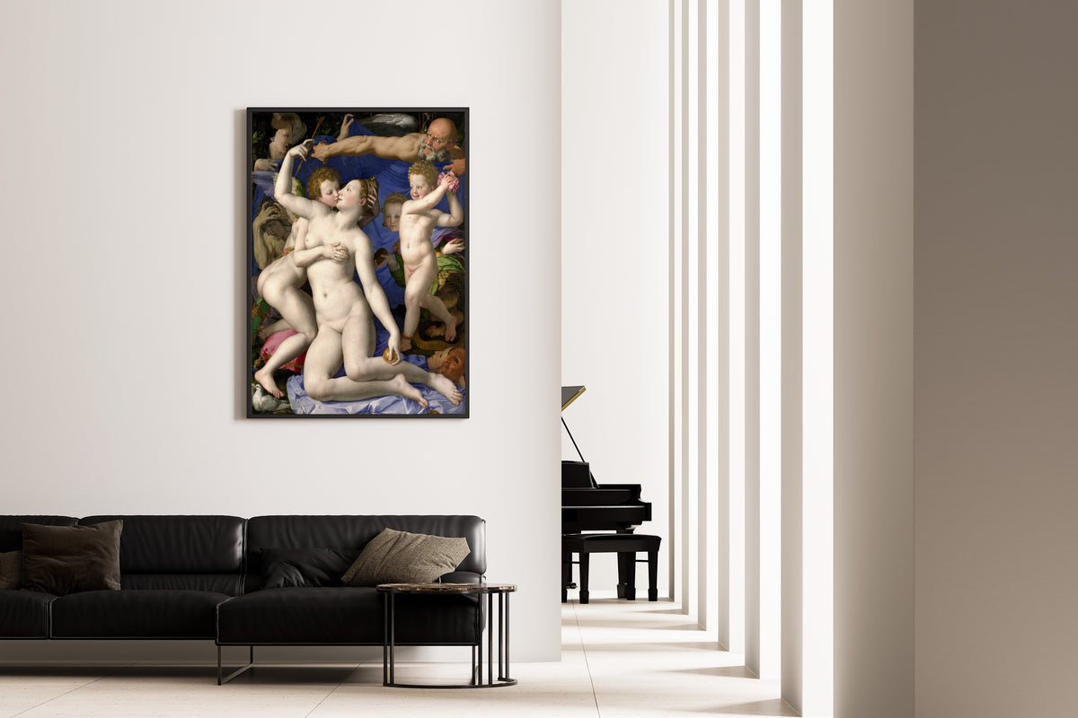 Framed art print of Venus, Cupid, Folly and Time by Bronzino, on the wall of a minimal living room