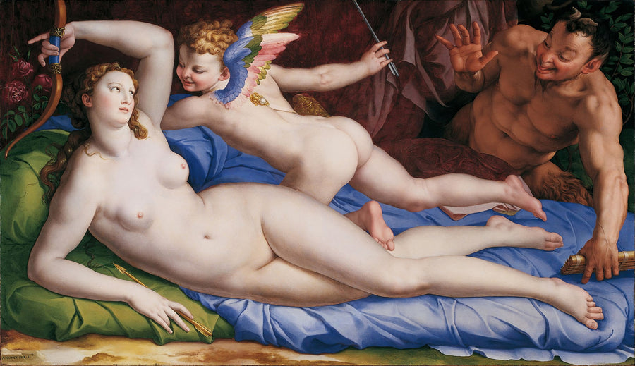 Bronzino — Venus, Cupid and Satyr | Fine Art Print shown to scale on a wall above a sofa