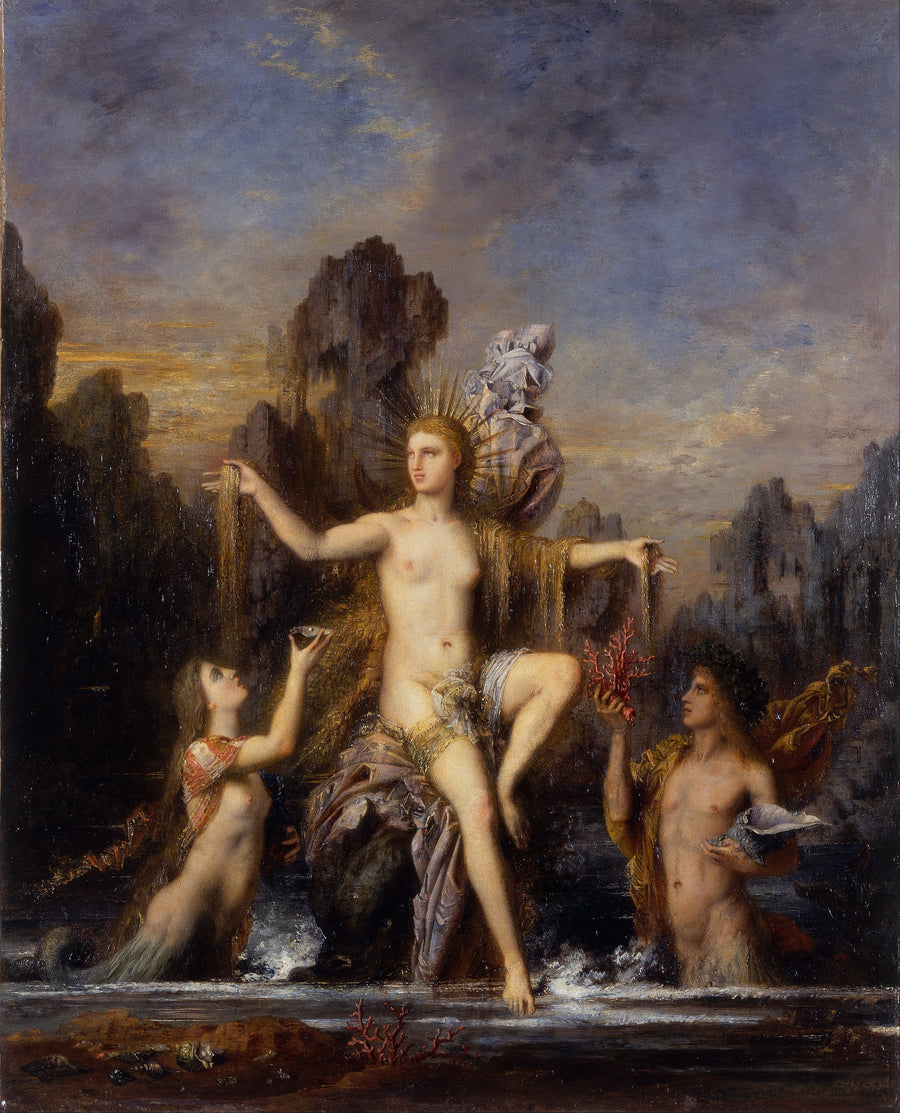 Gustave Moreau — Venus Rising from the Sea | Art Print shown to scale on a wall above a sofa