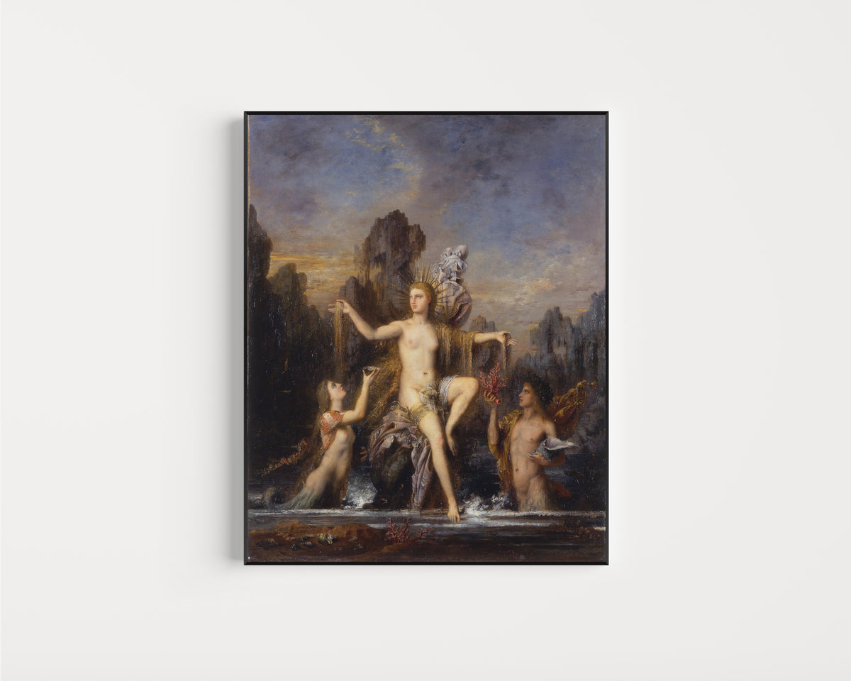 Framed art print of Venus Rising from the Sea by Gustave Moreau, in a slim black frame on a plain white wall