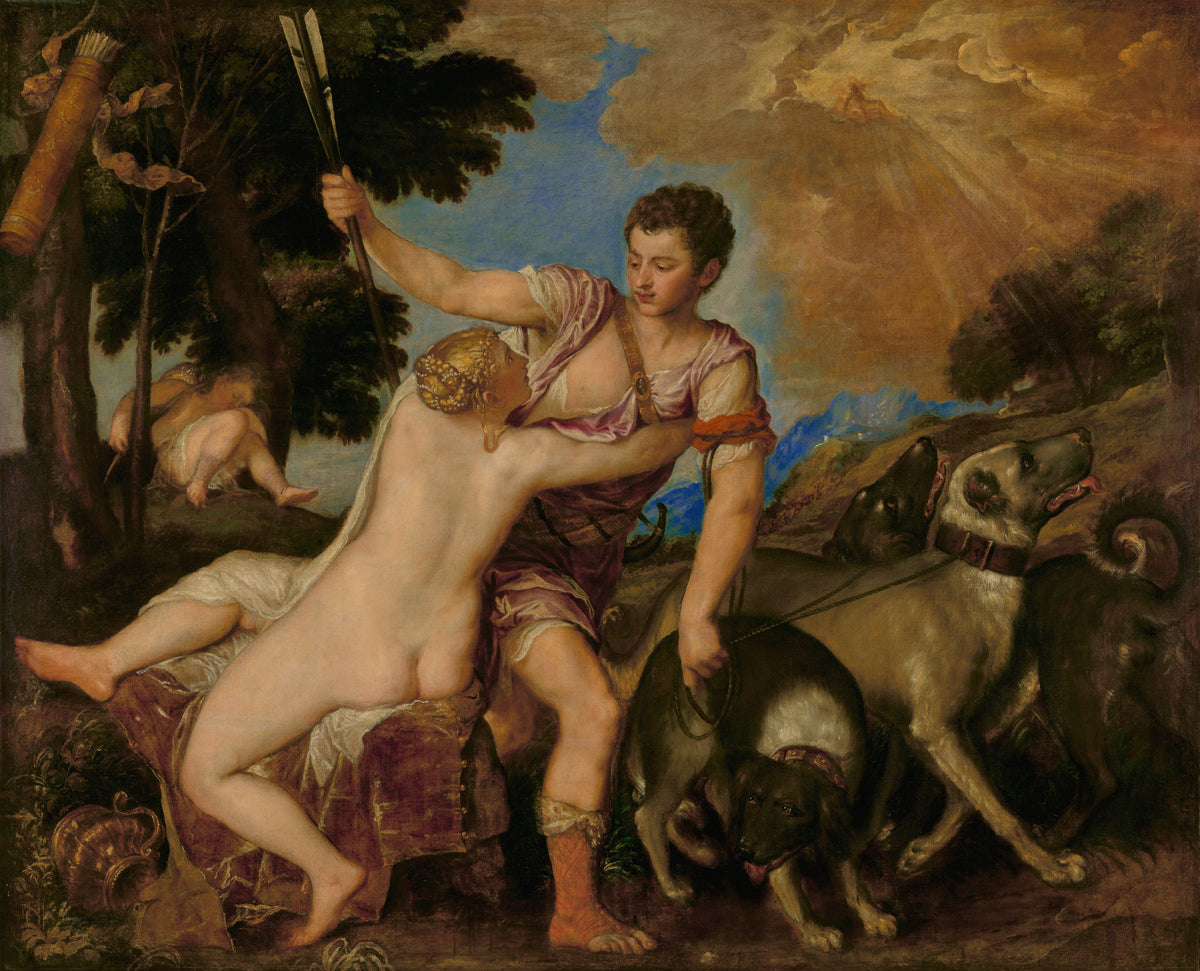 Venus and Adonis by Titian — A goddess clasps a young hunter as his hounds pull away