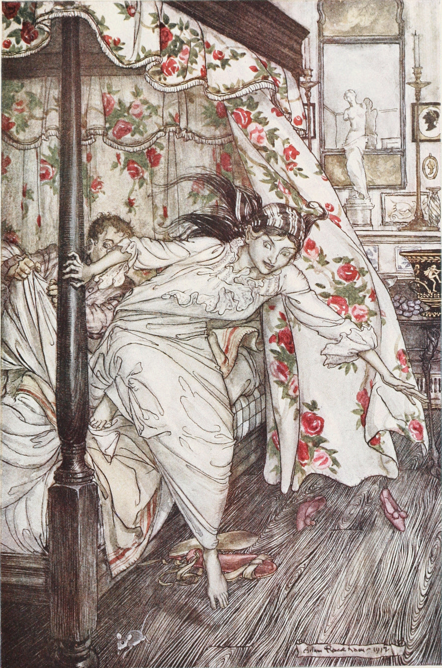 Arthur Rackham — Venus and the Cat | Fable Illustration Print shown to scale on a wall above a sofa