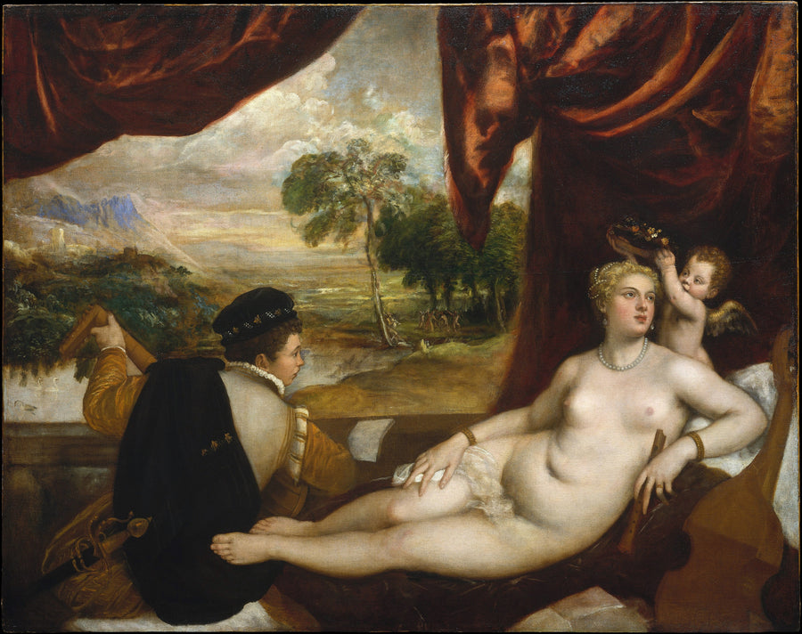 Titian — Venus and the Lute Player | Fine Art Print shown to scale on a wall above a sofa