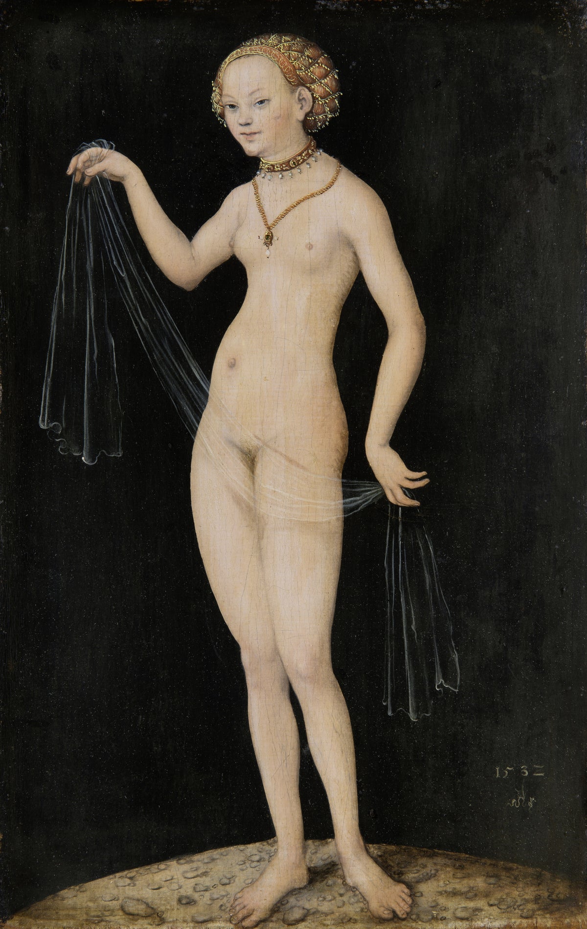 Venus by Lucas Cranach the Elder — A slender woman in a jewelled cap holds a sheer veil against black