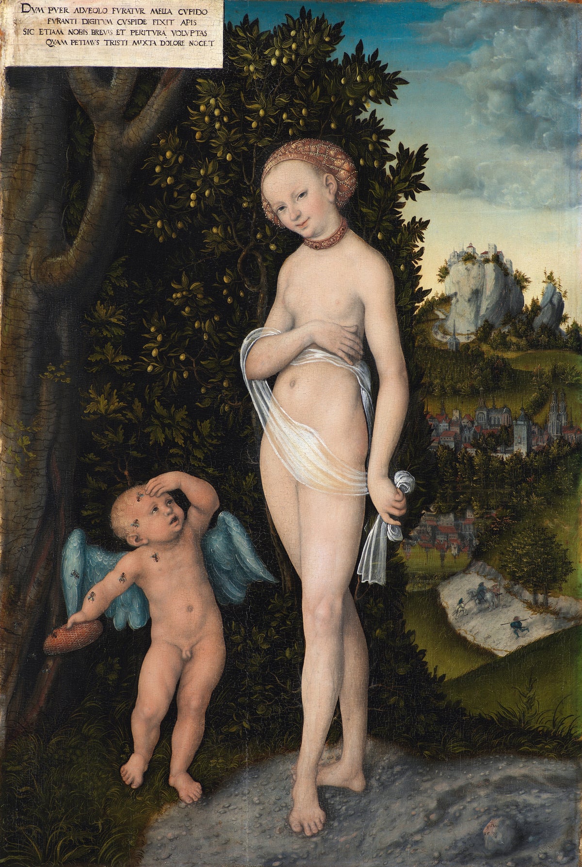Venus with Cupid Stealing Honey by Lucas Cranach the Elder — A woman in a red net cap beside a winged boy stung by bees