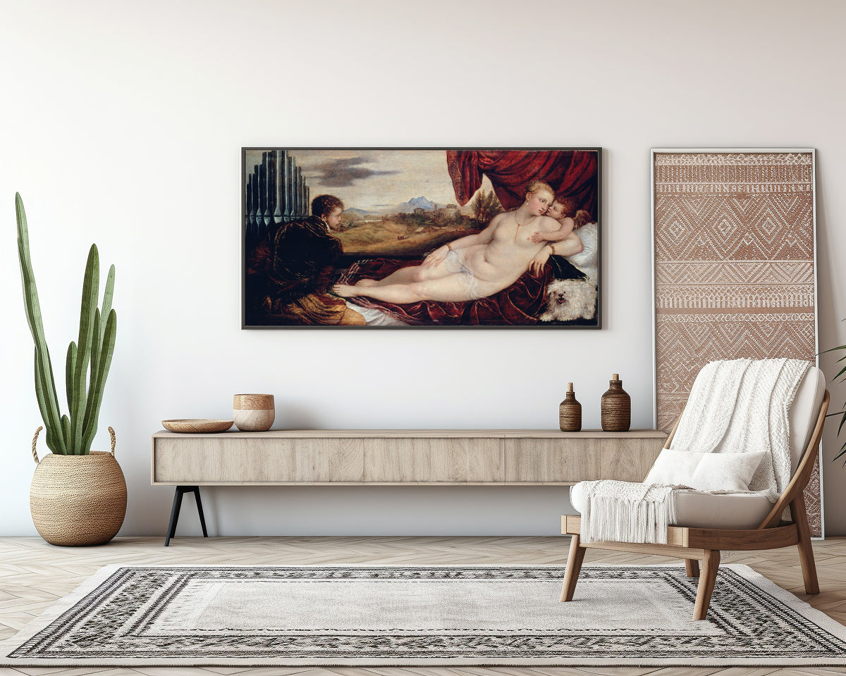 Framed art print of Venus with the Organ Player by Titian, above a sideboard in a living room
