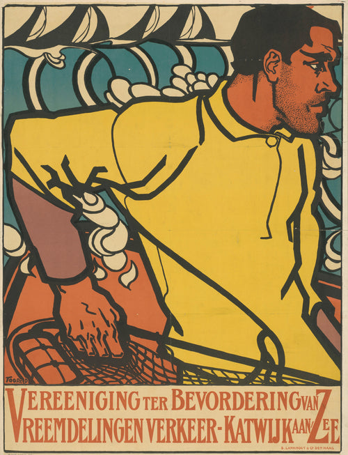 Vereeniging ter Bevordering van Vreemdelingenverkeer-Katwijk aan Zee by Jan Toorop — A bearded man in a yellow smock leans over a net before a curling sea