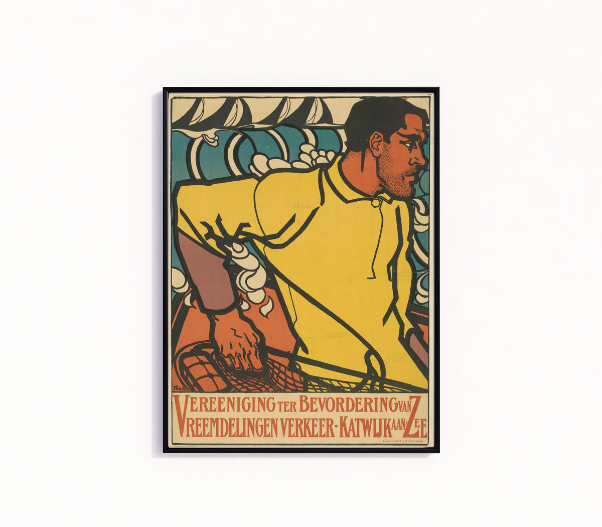 Framed art print of Vereeniging ter Bevordering van Vreemdelingenverkeer-Katwijk aan Zee by Jan Toorop, in a slim black frame on a plain white wall
