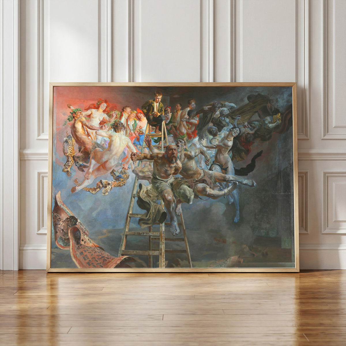 Framed art print of Vicious Circle by Jacek Malczewski, in a light wood frame leaning against a panelled white wall