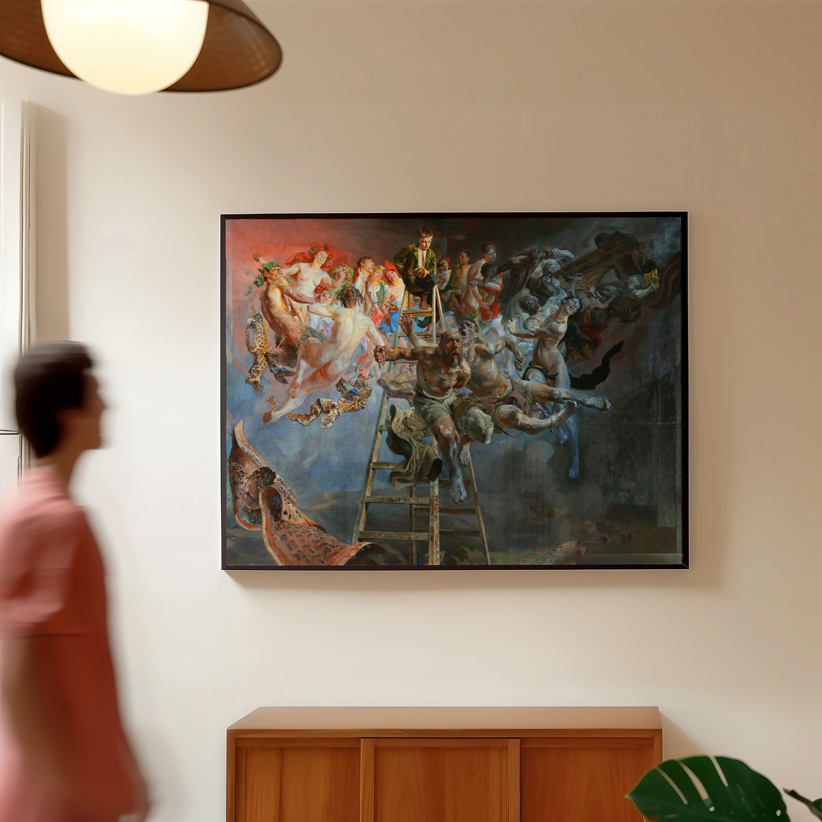 Framed art print of Vicious Circle by Jacek Malczewski, in a slim black frame on a warm wall in a sunlit room