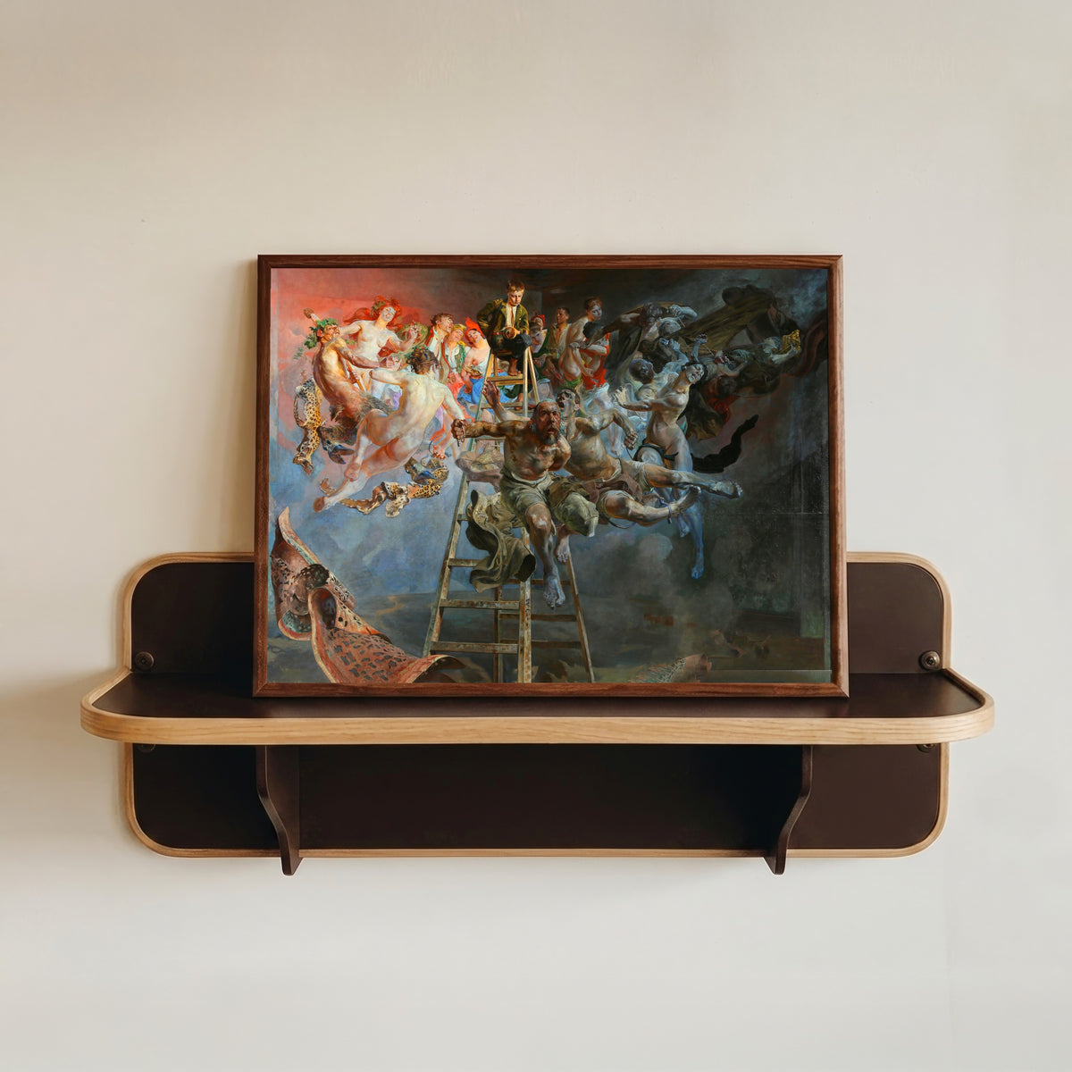Framed art print of Vicious Circle by Jacek Malczewski, in a dark wood frame resting on a wall shelf