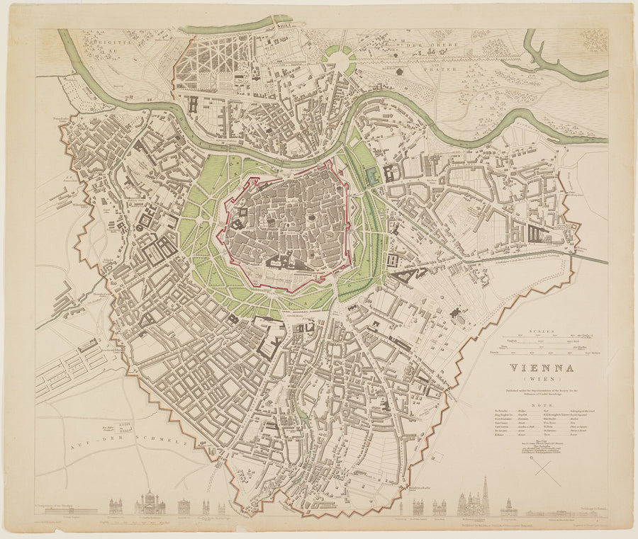 Society for the Diffusion of Useful Knowledge — Vienna | Antique City Plan Print shown to scale on a wall above a sofa