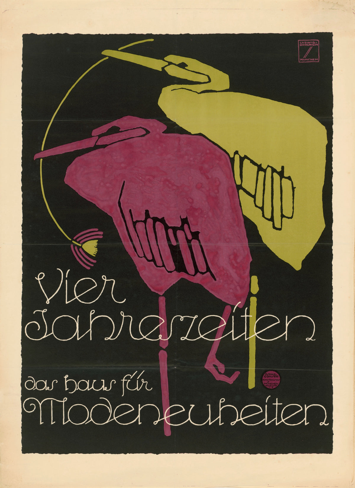 Vier Jahreszeiten: Das Haus für Modeneuheiten by Ludwig Hohlwein — Two stylised long-necked birds, magenta and olive, against black