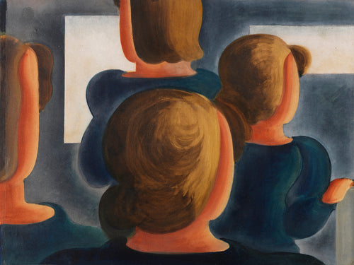 Vierergruppe mit Grau by Oskar Schlemmer — Four figures seen from behind face pale panels on a grey-blue wall