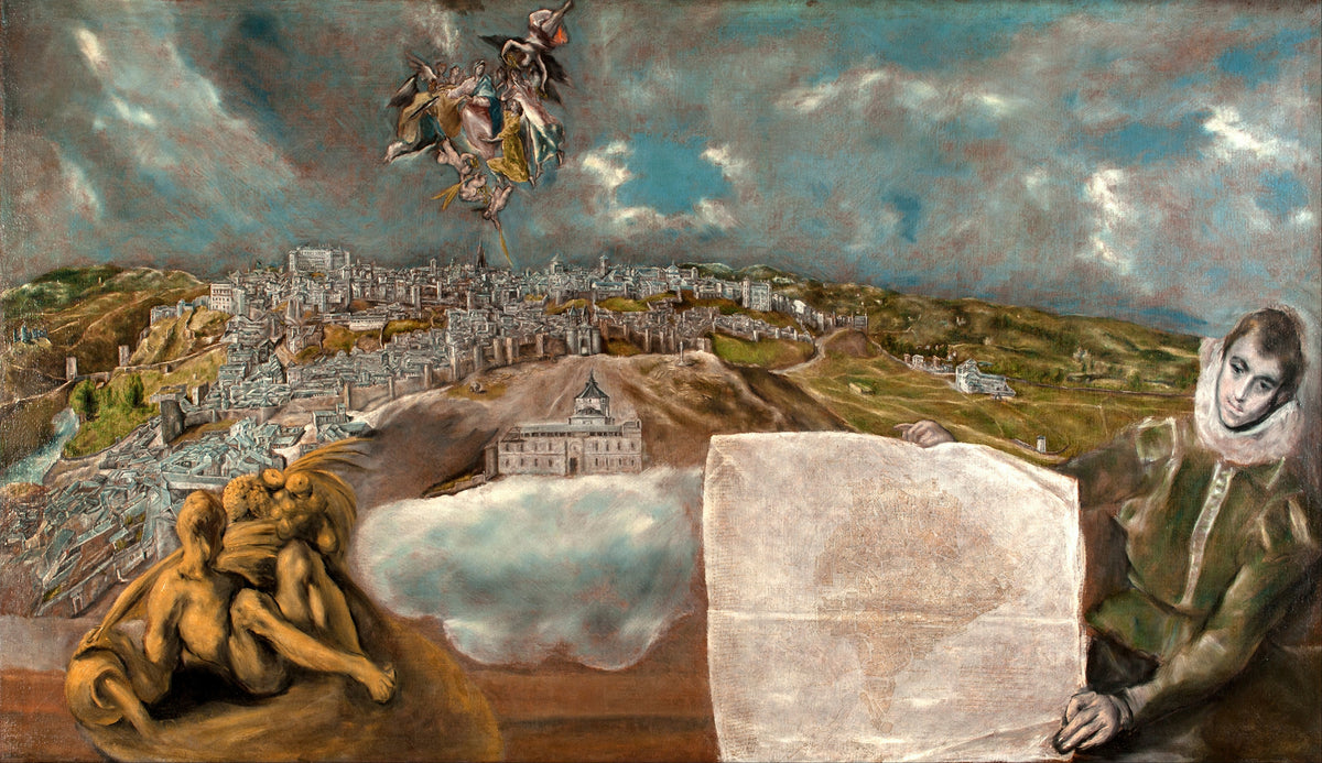 View and Plan of Toledo by El Greco — Toledo's grey roofs beneath a floating vision and a youth with a sheet