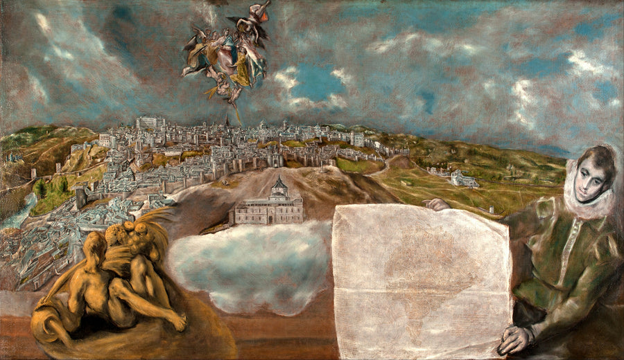 El Greco — View and Plan of Toledo | Fine Art Print shown to scale on a wall above a sofa