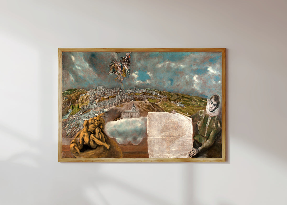 Framed art print of View and Plan of Toledo by El Greco, in a light wood frame on a sunlit white wall