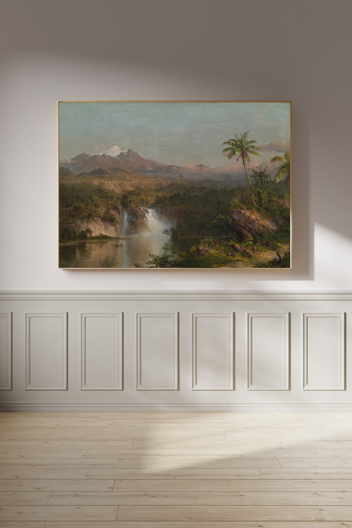 View of Cotopaxi by Frederic Edwin Church — framed on a panelled wall in afternoon light