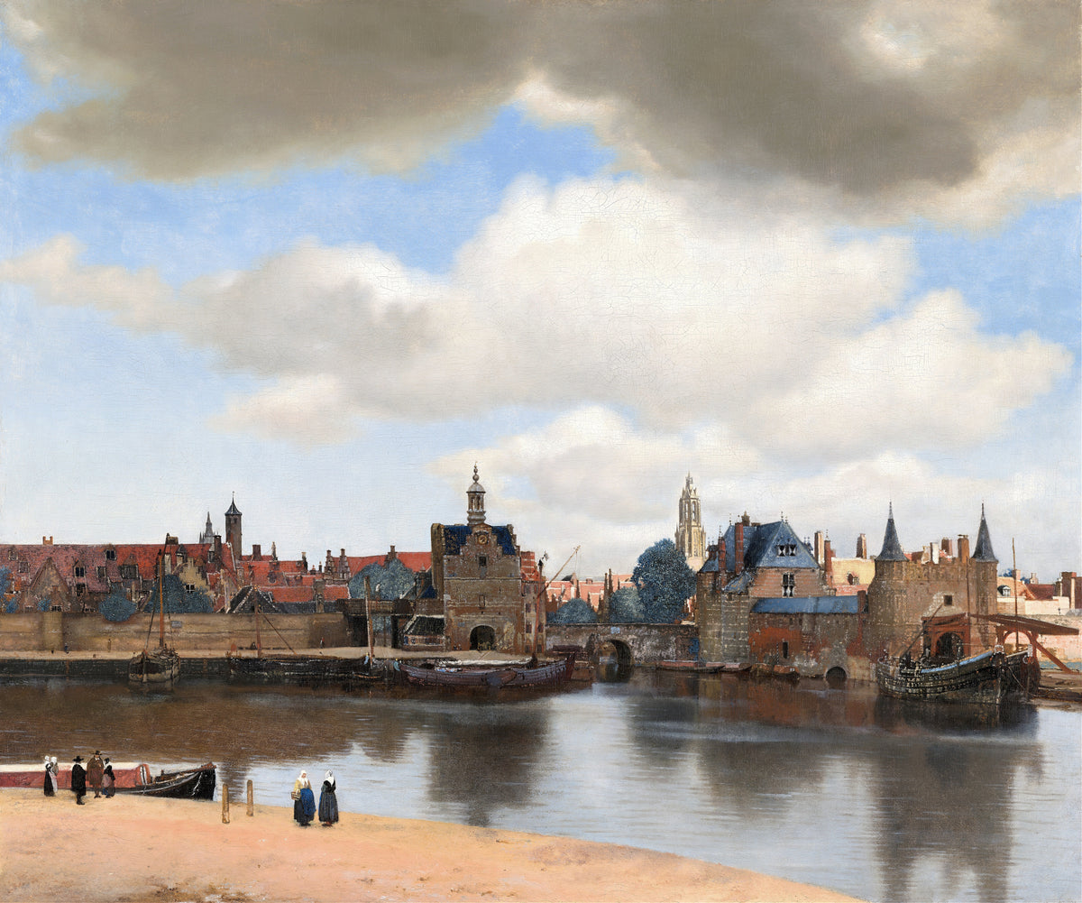 View of Delft by Johannes Vermeer — Brick towers and moored boats under a vast, cloud-heaped sky
