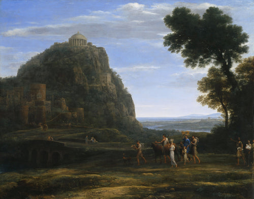 View of Delphi with a Procession by Claude Lorrain — A procession with an ox winds below a hilltop temple