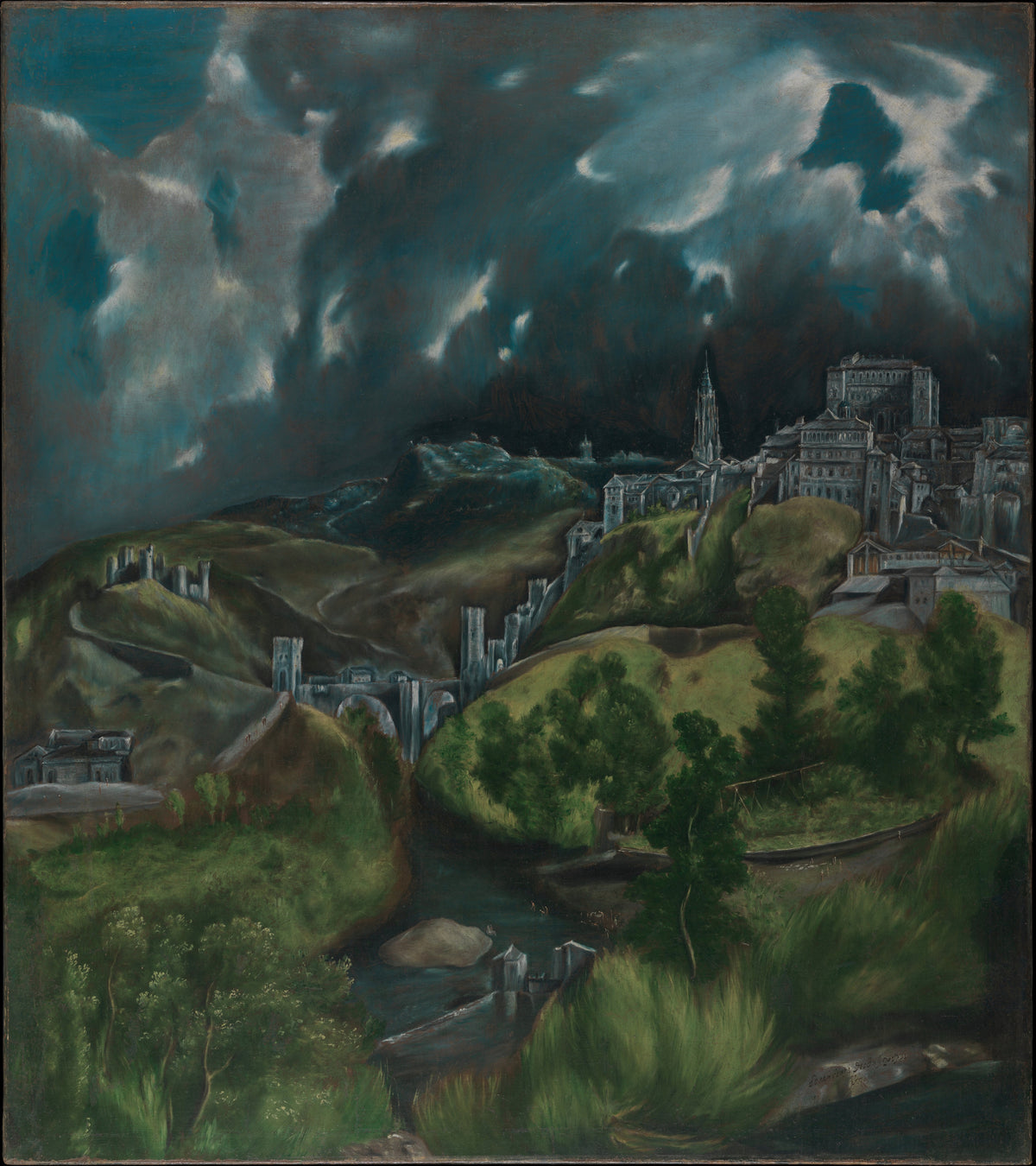 View of Toledo by El Greco — Storm clouds boil over a pale city on a green hilltop