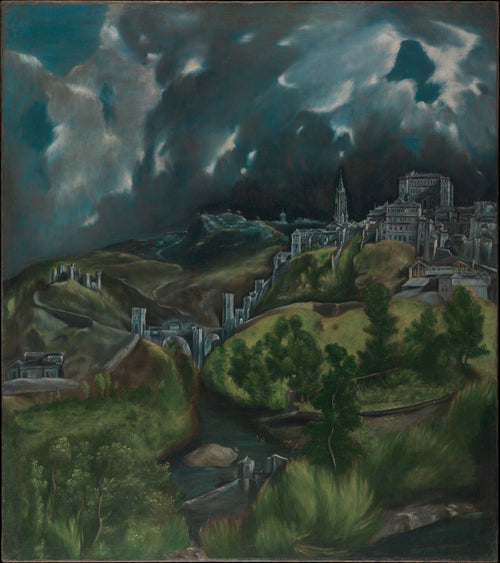View of Toledo by El Greco — Storm clouds boil over a pale city on a green hilltop