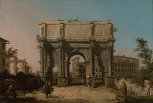 View of the Arch of Constantine with the Colosseum by Canaletto — A Roman triumphal arch framing a glimpse of the Colosseum