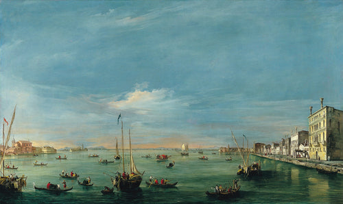 View of the Giudecca Canal and the Zattere by Francesco Guardi — Gondolas and sailing boats cross a wide canal beside the Zattere