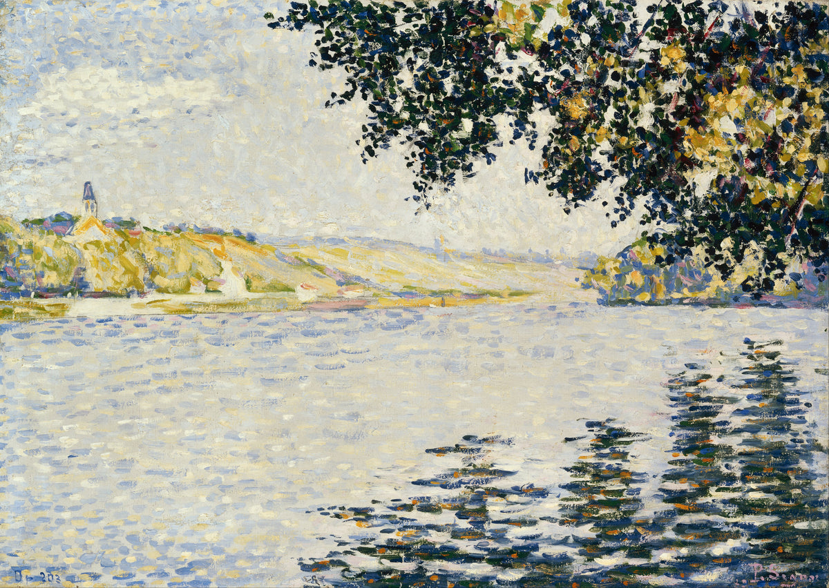 View of the Seine at Herblay by Paul Signac — A pale river under overhanging leaves, a church spire on the far bank