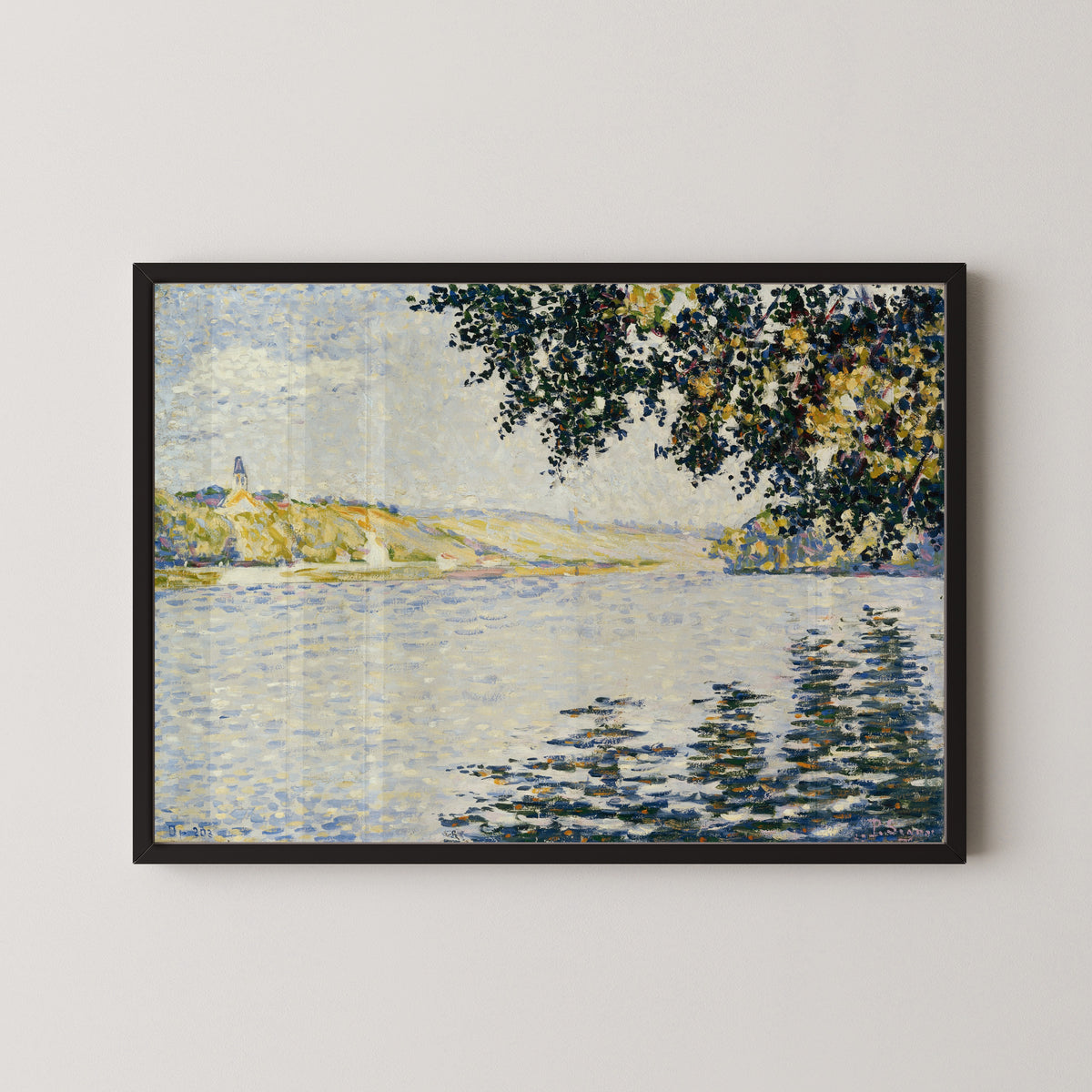 Framed art print of View of the Seine at Herblay by Paul Signac, in a black frame on a pale wall