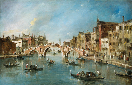 View on the Cannaregio Canal, Venice by Francesco Guardi — Gondolas cross a Venetian canal beneath a three-arched bridge