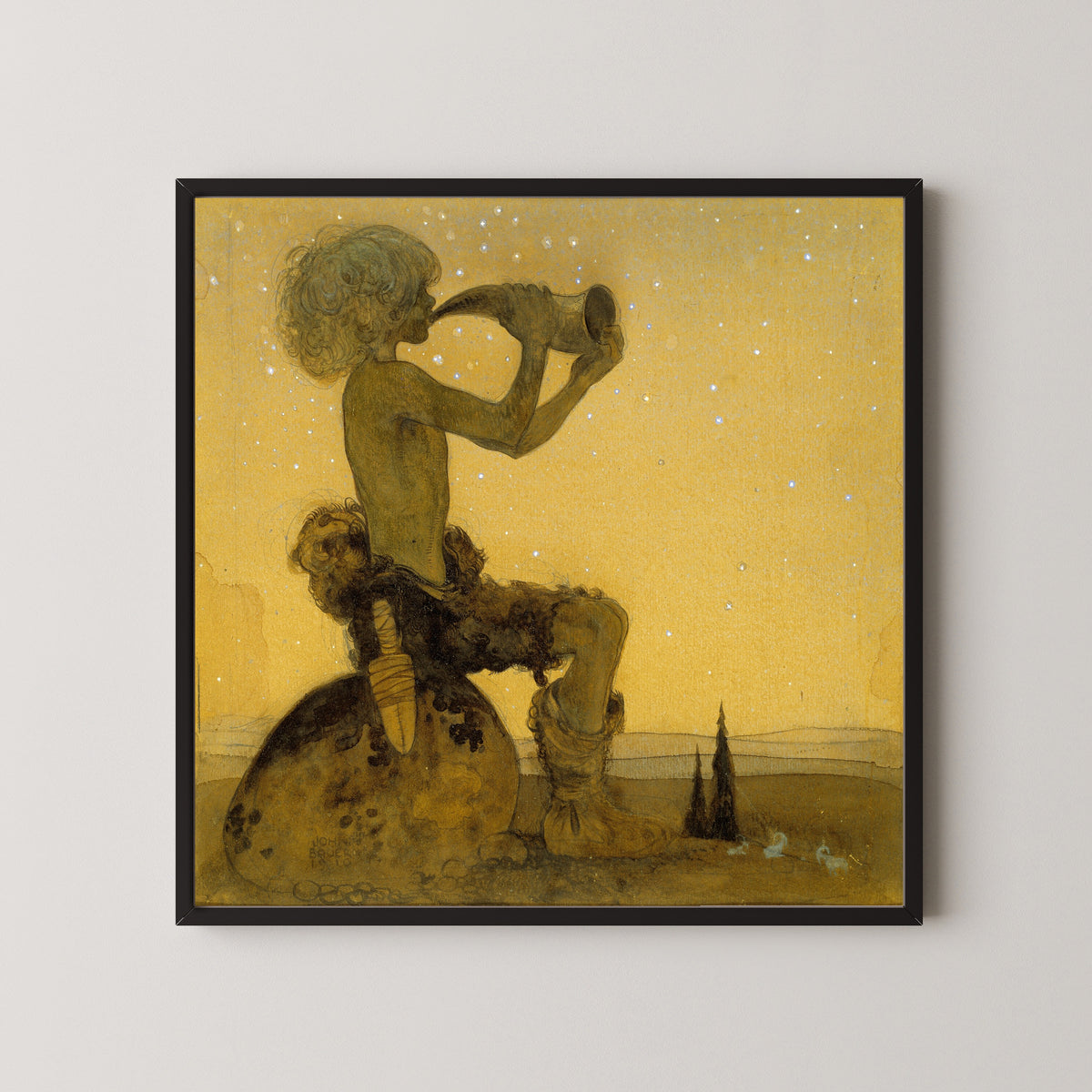 Framed art print of Vill Vallareman (a Fairy Shepherd) by John Bauer, in a black frame on a pale wall